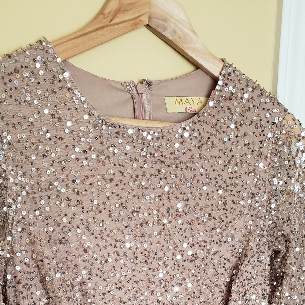 Maya Petite Long Sleeve Sequin Top Maxi Tulle Dres